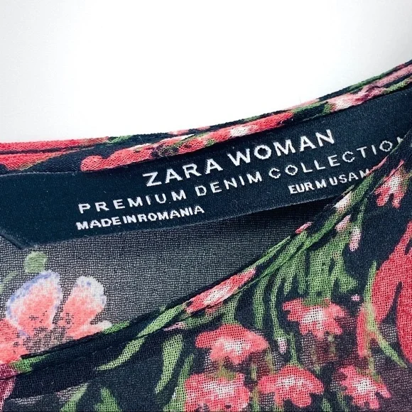 Zara Women Sheer Floral Long Sleeve Ruffled Layered Pink Black Cuffed Blouse SzM - Picture 6 of 15